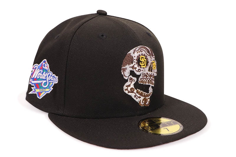 NEW ERA SAN DIEGO PADRES FLYING SKULL 59FIFTY FITTED CAP (1998 WORLD SERIES CUSTOM SIDE PATCH/GREY UNDER VISOR/BLACK) 70945769