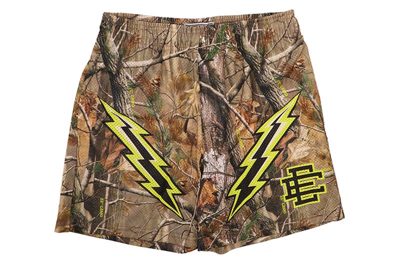 ERIC EMANUEL EE BASIC CAMO WITH BLACK & ORANGE LIGHTNING SHORTS