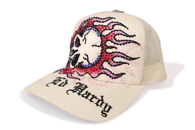 ED HARDY RHINESTONE FLAME SKULL TRUCKER HAT (IVORY) EHH0001-93RS