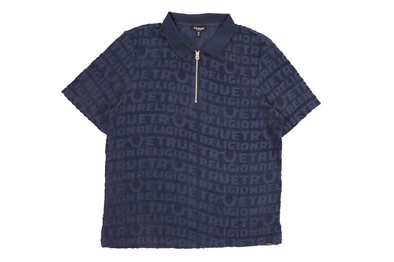 TRUE RELIGION LOGO TERRY KNIT ZIP POLO SHIRT (110490:NATION NAVY)
