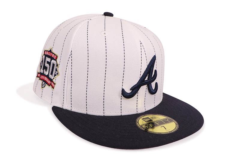 NEW ERA ATLANTA BRAVES 59FIFTY FITTED CAP (150TH ANNIVERSARY SIDE PATCH/GREY UNDER VISOR/PINSTRIPE NAVY) 14693483