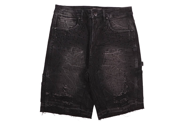 WAIMEA RHINESTONE DOUBLE KNEE DENIM SHORTS (M7544D:BLACK WASH)