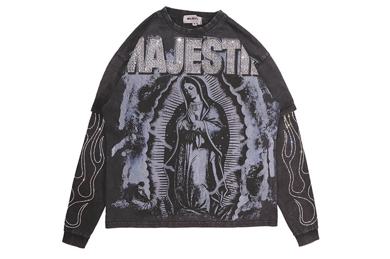 MAJESTIK RHINESTONE TWOFER LONG SLEEVE TEE (TW-2634:BLACK)