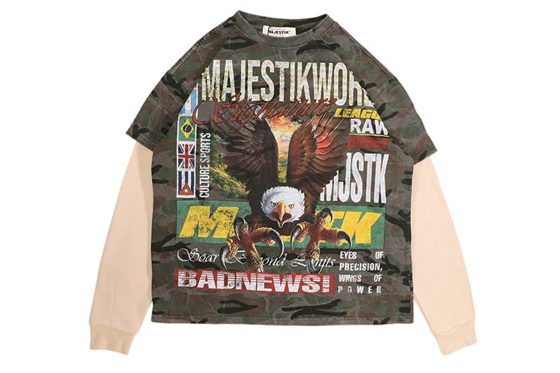 MAJESTIK RHINESTONE TWOFER LONG SLEEVE TEE (TW-2631:WOOD CAMO)