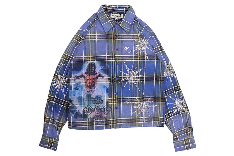 MAJESTIK RHINESTONE FLANNEL SHIRT (SH-2688:BLUE)