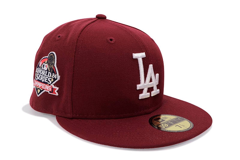 NEW ERA LOS ANGELES DODGERS 59FIFTY FITTED CAP (2024 WORLD SERIES CHAMPIONS SIDE PATCH/GREY UNDER VISOR/BURGUNDY)