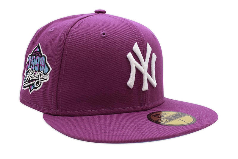 NEW ERA NEW YORK YANKEES 59FIFTY FITTED CAP (1999 WORLD SERIES CUSTOM SIDE PATCH/SKY BLUE UNDER VISOR/SPARKLING PURPLE)