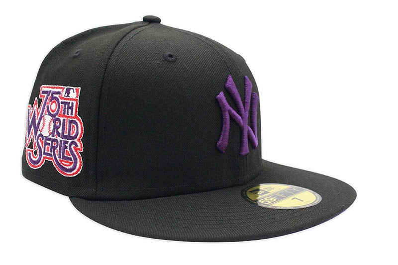 NEW ERA NEW YORK YANKEES 59FIFTY FITTED CAP (75th WORLD SERIES CUSTOM SIDE PATCH/PURPLE UNDER VISOR/BLACK)