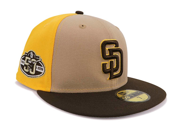 NEW ERA SAN DIEGO PADRES 59FIFTY FITTED CAP (50TH ANNIVERSARY SIDE PATCH/GREY UNDER VISOR/CAMEL A GOLD WALNUT)