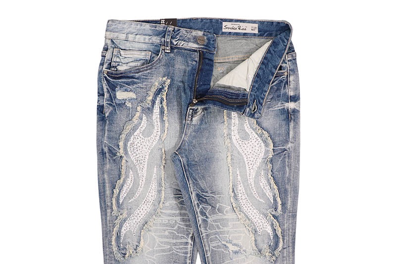 SMOKE RISE LONG STRAIGHT DYSTOPIA FRAY PATCHED JEANS (JP25248:RHODES BLUE)