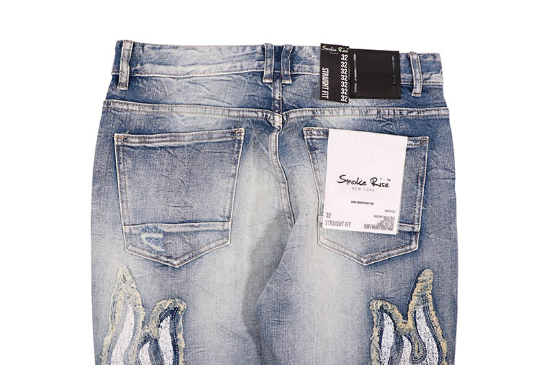 SMOKE RISE LONG STRAIGHT DYSTOPIA FRAY PATCHED JEANS (JP25248:RHODES BLUE)