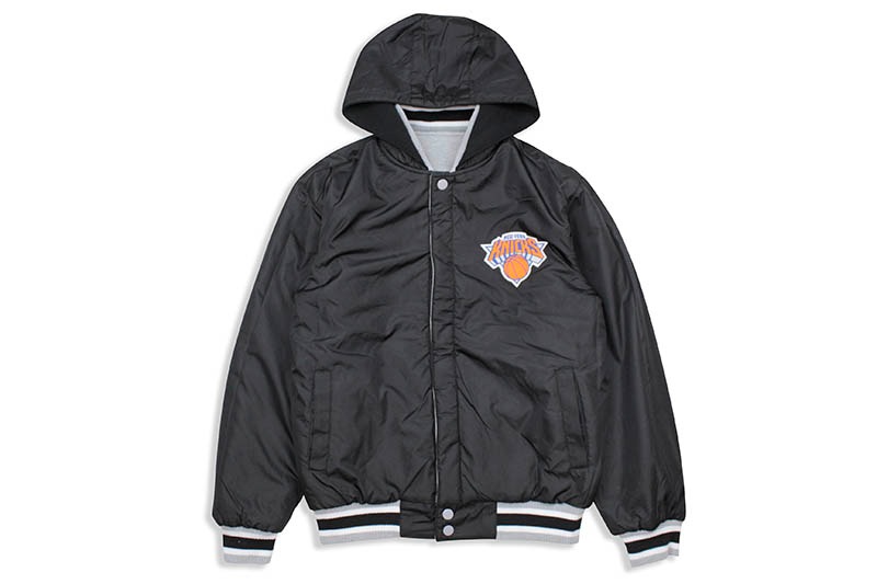JH Design NEW YORK KNICKS REVERSIBLE FLEECE AND FAUX LEATHER HOODED JACKET (953-GTT8:GREY/BLACK)
