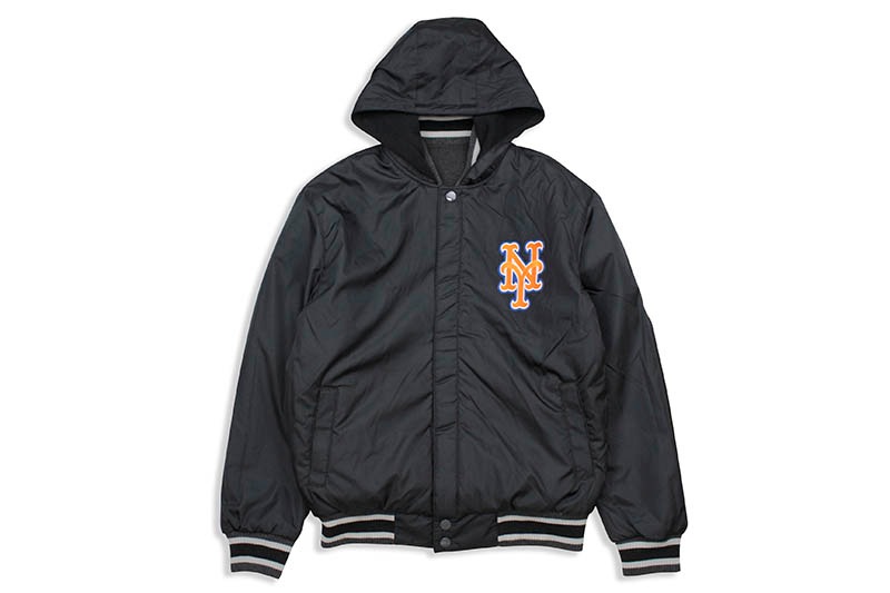 JH Design NEW YORK METS REVERSIBLE FLEECE AND FAUX LEATHER HOODED JACKET (953-GTT8:CHARCOAL/BLACK)