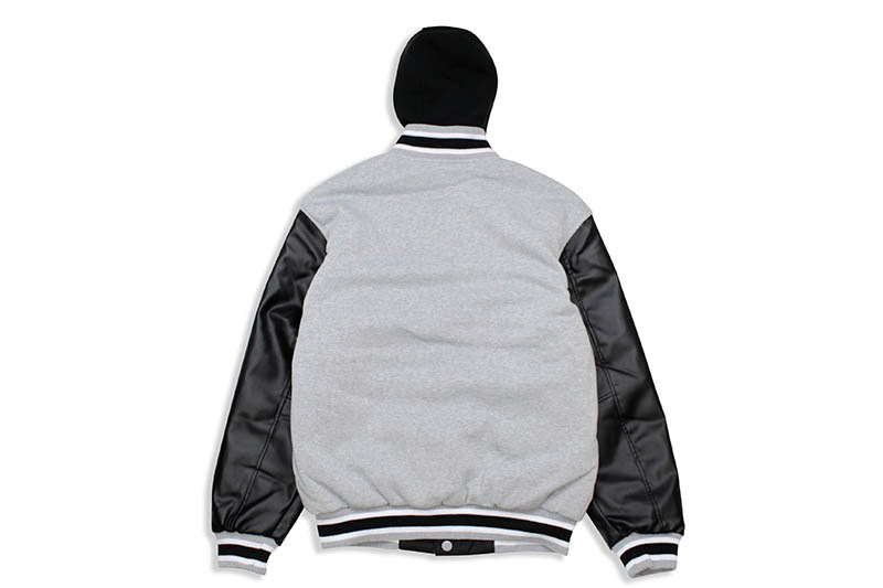 JH Design NEW YORK METS REVERSIBLE FLEECE AND FAUX LEATHER HOODED JACKET (953-GTT8:GREY/BLACK)