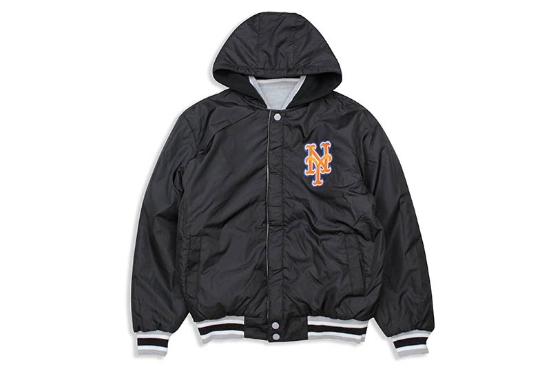JH Design NEW YORK METS REVERSIBLE FLEECE AND FAUX LEATHER HOODED JACKET (953-GTT8:GREY/BLACK)