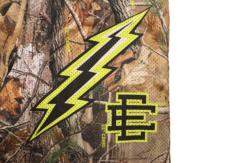 ERIC EMANUEL EE BASIC CAMO WITH BLACK & ORANGE LIGHTNING SHORTS