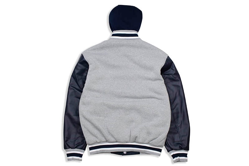 JH Design NEW YORK YANKEES REVERSIBLE FLEECE AND FAUX LEATHER HOODED JACKET (953-GTT8:GREY/NAVY)