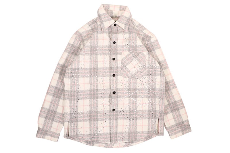 ROKU STUDIO RHINESTONES HEAVY FLANNEL SHIRT (RK6481816:HEATHER GREY/PINK)