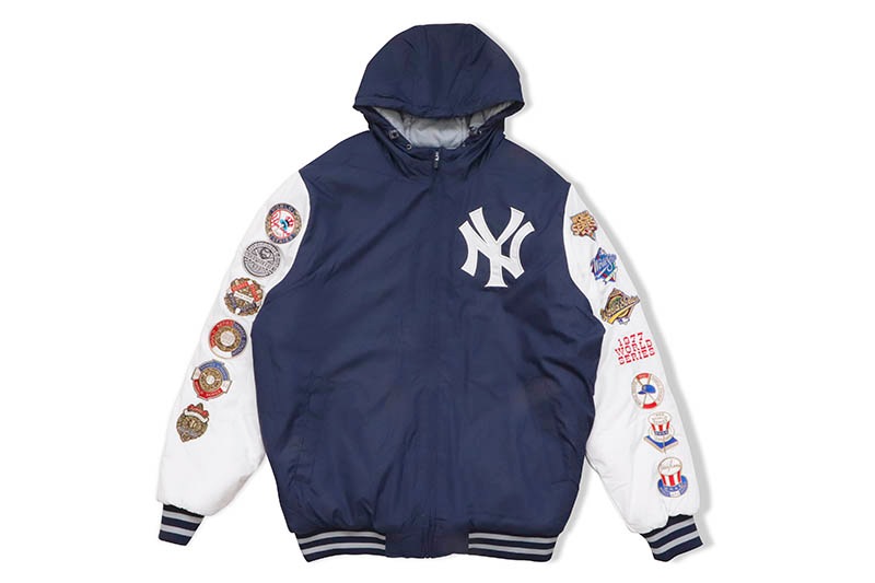 STARTER NEW YORK YANKEES WS CHAMPIONS HOODED BOMBER JACKET (LA150219:NAVY/WHITE)