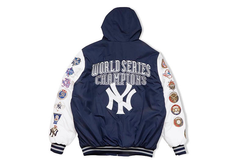 STARTER NEW YORK YANKEES WS CHAMPIONS HOODED BOMBER JACKET (LA150219:NAVY/WHITE)