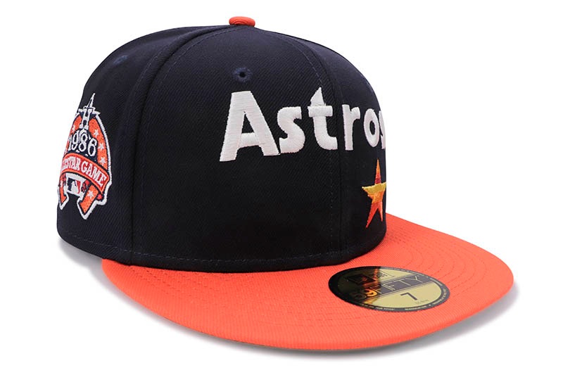 NEW ERA HOUSTON ASTROS 59FIFTY FITTED CAP (1986 ALL-STAR GAME CUSTOM SIDE PATCH/GREEN UNDER VISOR & HOUSTON COLOR SWEATBAND/NAVY ORANGE)