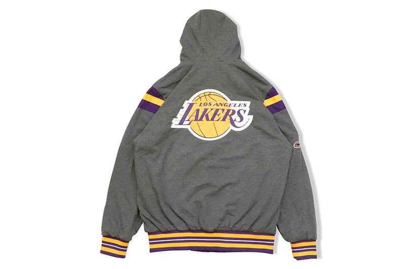 STARTER LOS ANGELES LAKERS REVERSIBLE HOODED BOMBER JACKET (LA130252:PURPLE/CHARCOAL GRAY)