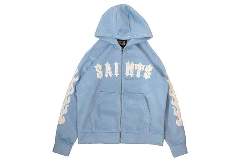 COPPER RIVET SAINTS MOHAIR PEARL EMBROIDERY ZIP HOODIE (531081-LB:LIGHT BLUE)