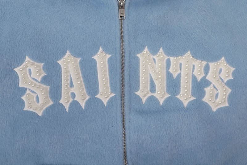 COPPER RIVET SAINTS MOHAIR PEARL EMBROIDERY ZIP HOODIE (531081-LB:LIGHT BLUE)