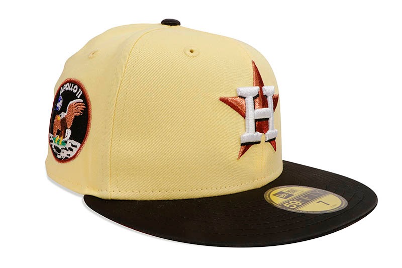 NEW ERA HOUSTON ASTROS 59FIFTY FITTED CAP (APOLLO 11 CUSTOM SIDE PATCH/MAROON UNDER VISOR/SOFT YELLLOW BLACK SATIN)