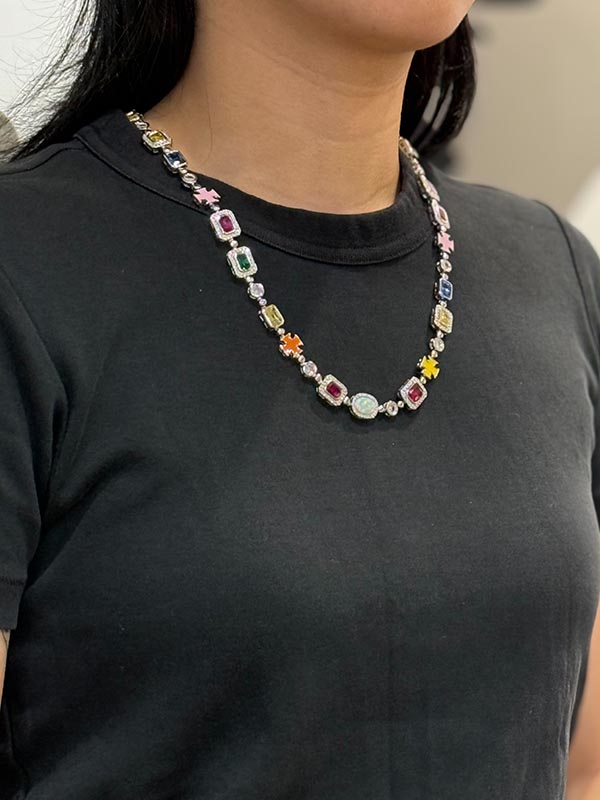 KD JEWELRY RAINBOW GEMSTONE CHAIN NECKLACE (KDJ062) (SILVER)