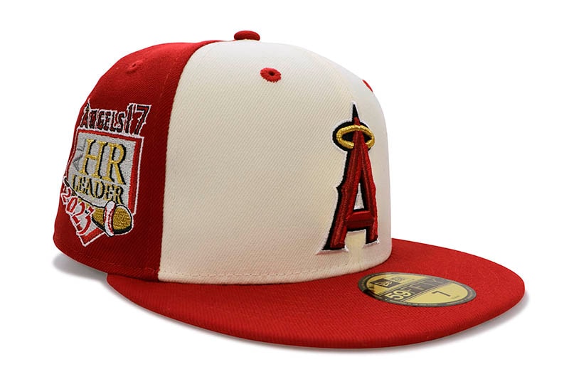 NEW ERA LOS ANGELES ANGELS 59FIFTY FITTED CAP (SHOHEI OHTANI AMERICAN LEAGUE MVP & HOME RUNS LEADERS SIDE PATCH/GREY UNDER VISOR/SCARLET CHROME WHITE)