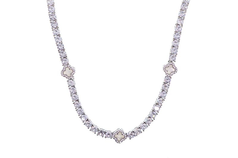 KD JEWELRY FOUR-LEAF CLOVER TENNIS CHAIN NECKLACE (KDJ064) (SILVER)
