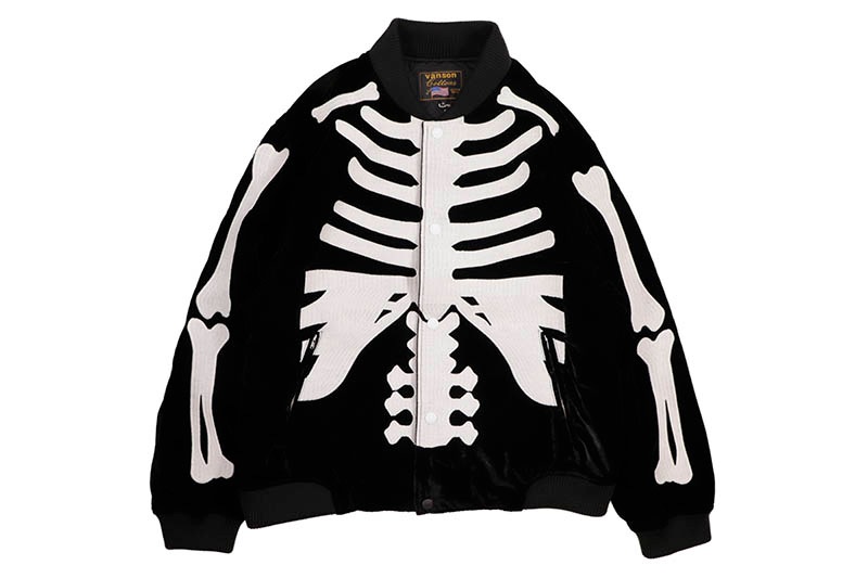 VANSON 50TH ANNIVERSARY SKELTON BONES VELVETEEN BOMBER JACKET (NVJK-2405RZ:BLACK/WHITE)