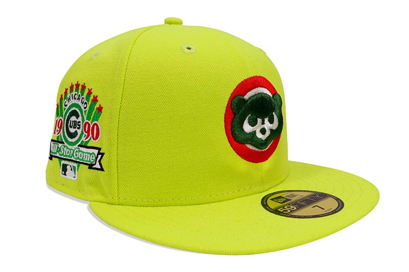NEW ERA CHICAGO CUBS GUM PACK 59FIFTY FITTED CAP (1990 ALL STAR GAME CUSTOM SIDE PATCH/DARK GREEN UNDER VISOR/LIME GREEN)