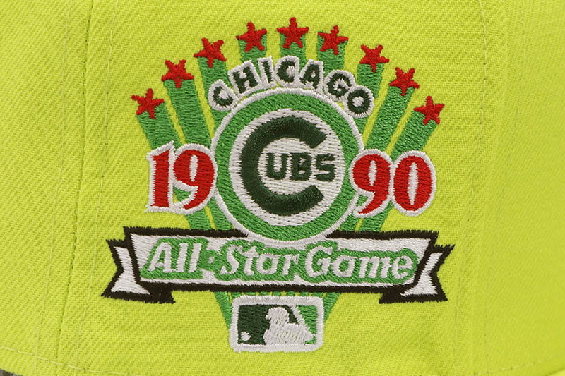 NEW ERA CHICAGO CUBS GUM PACK 59FIFTY FITTED CAP (1990 ALL STAR GAME CUSTOM SIDE PATCH/DARK GREEN UNDER VISOR/LIME GREEN)