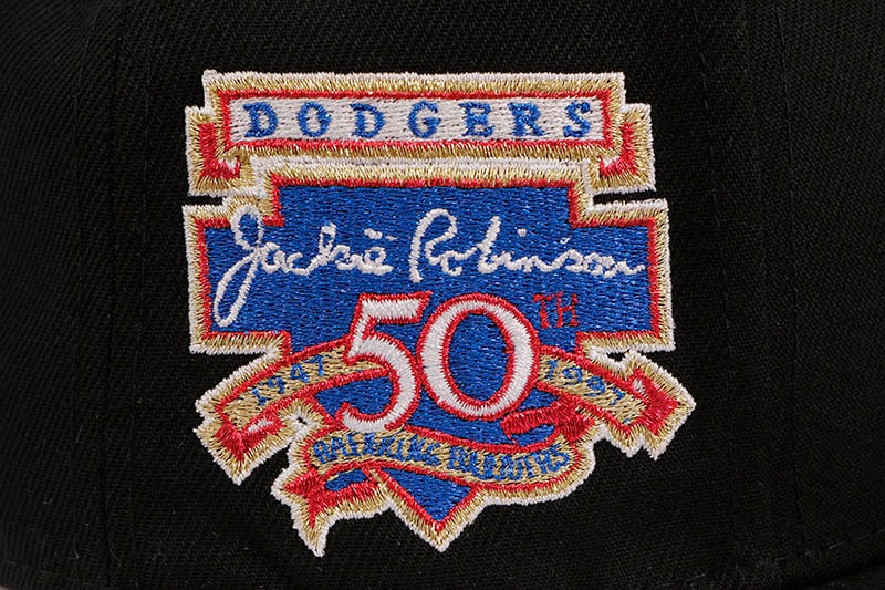 NEW ERA BROOKLYN DODGERS 59FIFTY FITTED CAP (JACKIE ROBINSON 50TH ANNIVERSARY SIDE PATCH/GREEN UNDER VISOR/BLACK)