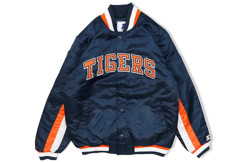 STARTER DETROIT TIGERS LOGO SATIN VARSITY JACKET (LS150297:DTI/NAVY)