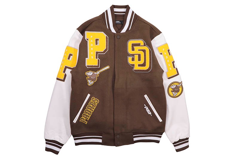 PRO STANDARD SAN DIEGO PADRES MASHUP RIB WOOL VARSITY JACKET (LSP634044-BNW:BROWN/WHITE)
