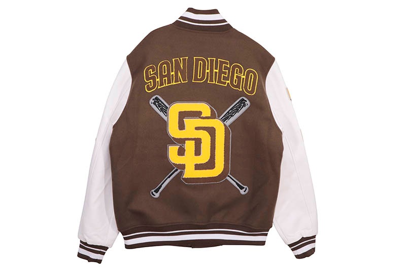 PRO STANDARD SAN DIEGO PADRES MASHUP RIB WOOL VARSITY JACKET (LSP634044-BNW:BROWN/WHITE)