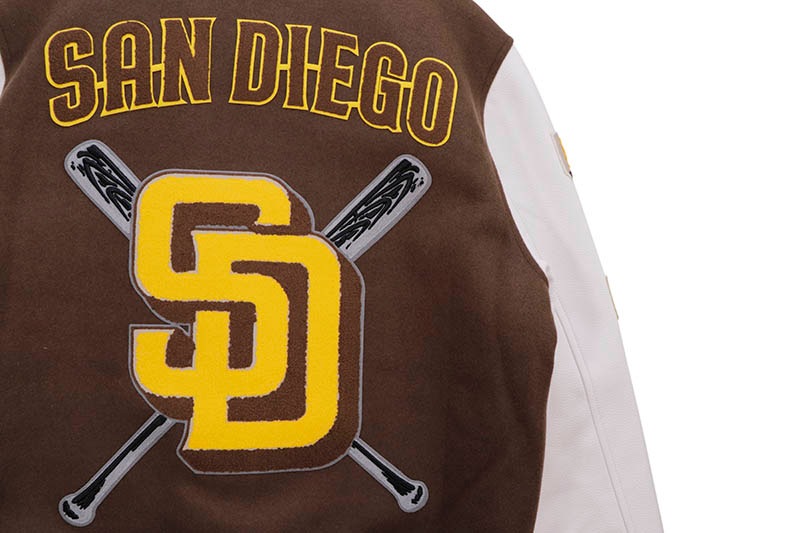 PRO STANDARD SAN DIEGO PADRES MASHUP RIB WOOL VARSITY JACKET (LSP634044-BNW:BROWN/WHITE)