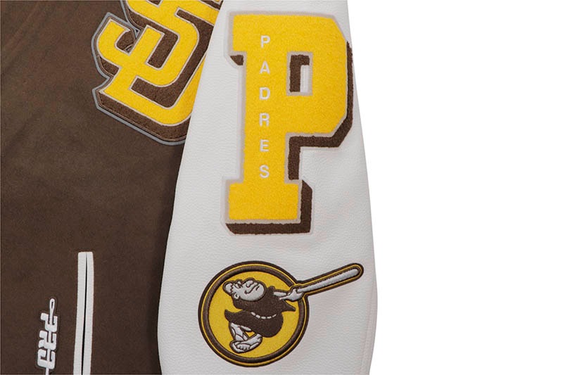 PRO STANDARD SAN DIEGO PADRES MASHUP RIB WOOL VARSITY JACKET (LSP634044-BNW:BROWN/WHITE)