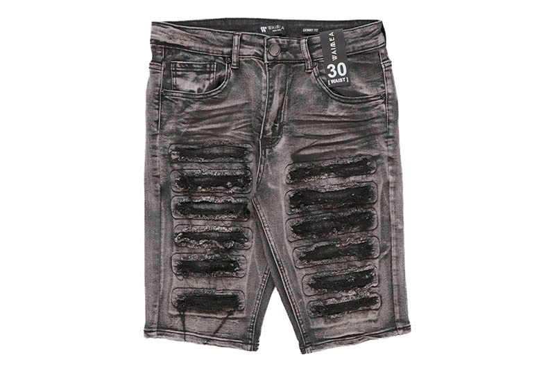 WAIMEA RIPPED SKINNY FIT DENIM SHORTS (AOM7387D:BLACK WASH)
