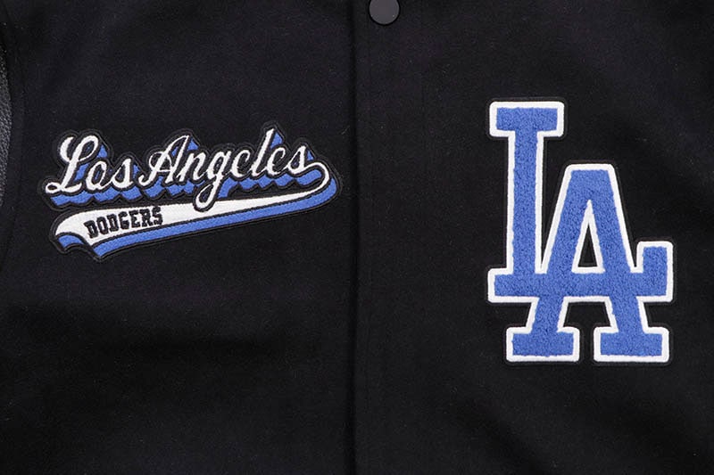 PRO STANDARD LOS ANGELES DODGERS SCRIPT TAIL RIB WOOL VARSITY JACKET (LLD6314467-BDB:BLACK/DODGER BLUE)