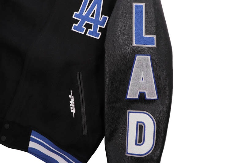 PRO STANDARD LOS ANGELES DODGERS SCRIPT TAIL RIB WOOL VARSITY JACKET (LLD6314467-BDB:BLACK/DODGER BLUE)