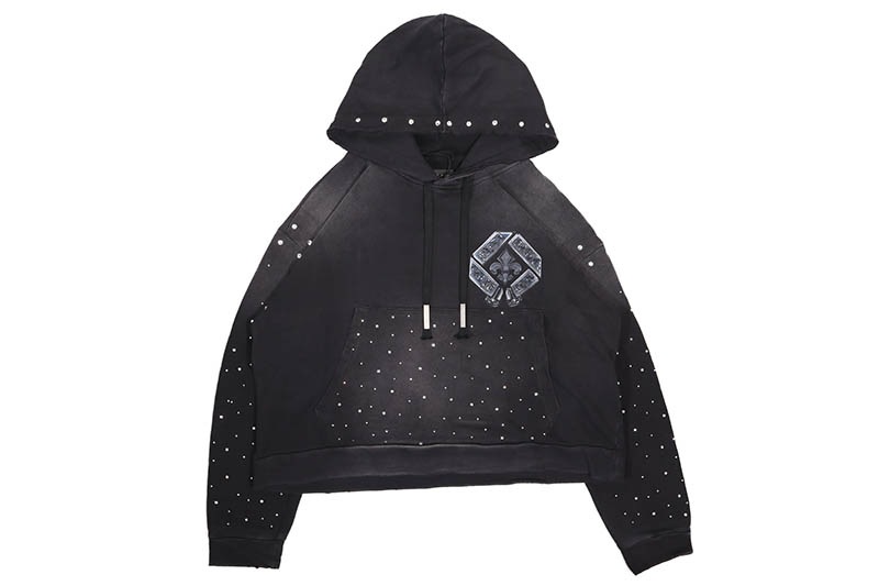 FIRST ROWFIRST ROW WASHED CROP RHINESTONE HOODIE (FRF2208:BLACK)