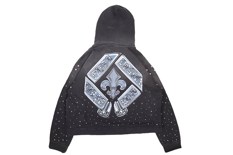 FIRST ROWFIRST ROW WASHED CROP RHINESTONE HOODIE (FRF2208:BLACK)