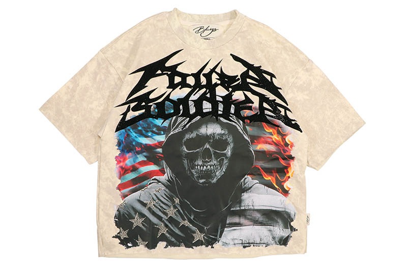 BKYS FALLEN SOLDIER WITH RHINESTONES CROPPED TOP TEE (T1331:WASHED OFF WHITE)