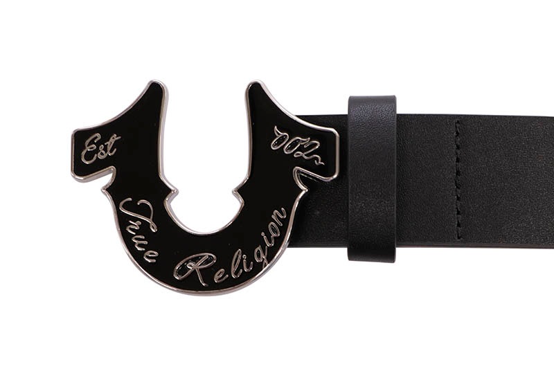TRUE RELIGION STUDDED SCRIPT HORSESHOE BUCKLE BELT (TR3046:BLACK)