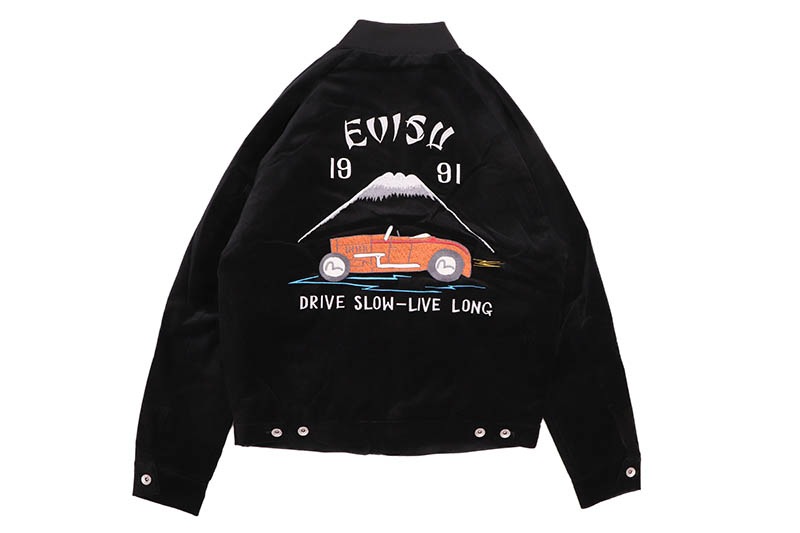 EVISU VINTAGE VELVET REGULAR FIT PADDED SOUVENIR JACKET (2EAEJM5JK6101XXVQ:BLACK)