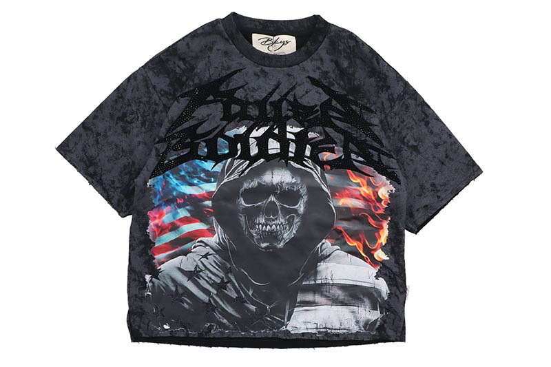 BKYS FALLEN SOLDIER WITH RHINESTONES CROPPED TOP TEE (T1331:WASHED BLACK)